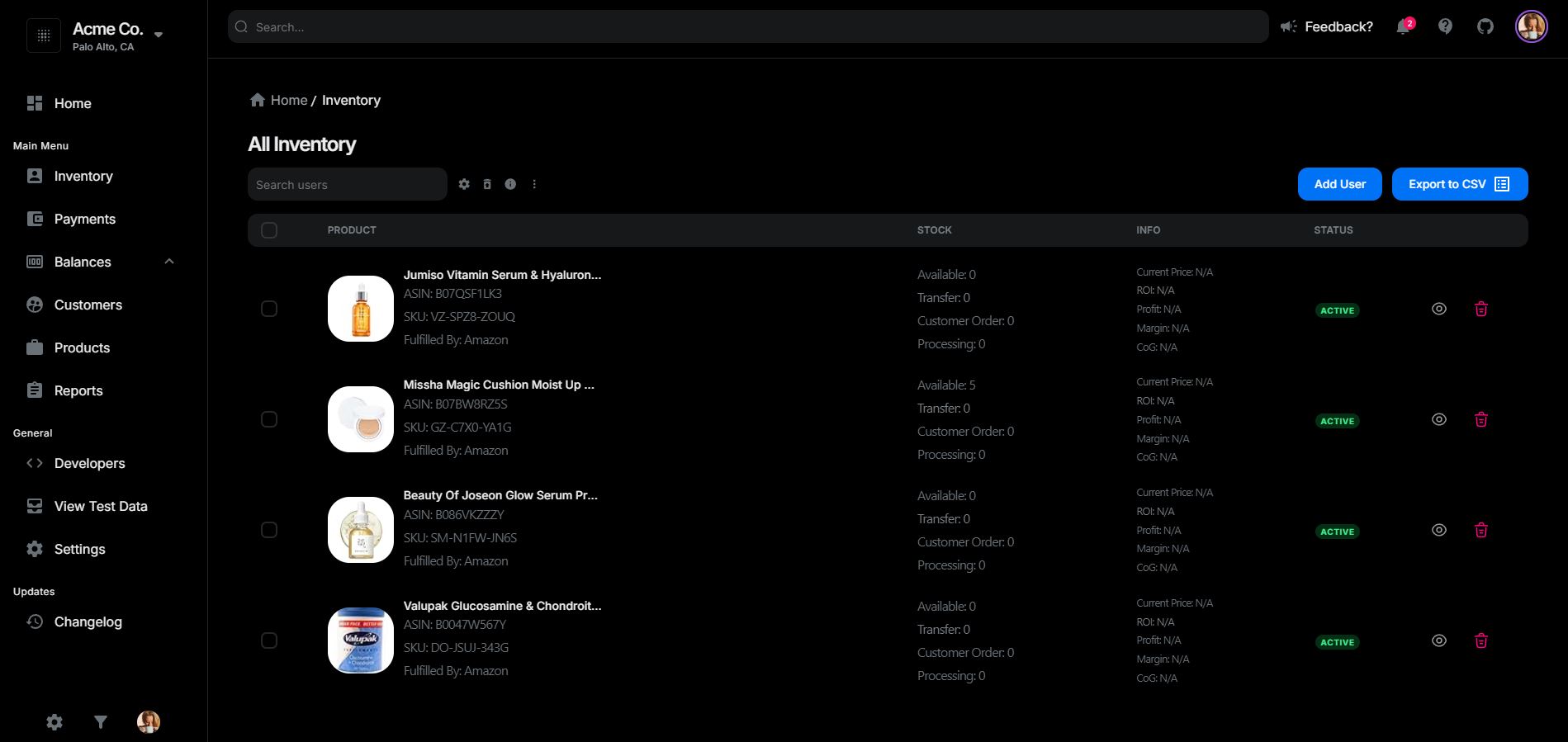 Inventory management dashboard